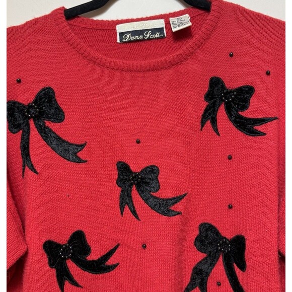 Sweaters - Vintage 80s Dana Scott Sweater Red Black Bows  Womens M Beaded Accents